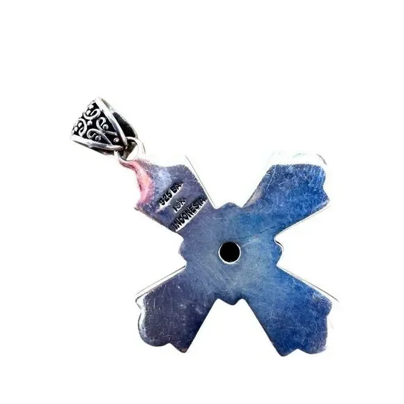 Suarti Bali Sterling Silver 18k & Blue Topaz Ornate Cross Pendant - Picture 3 of 5